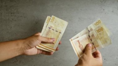 Danimarka kronu banknotlarını somut bir arkaplan karşısında sayan adam, birden fazla 100 'lük banknot gösteriyor.