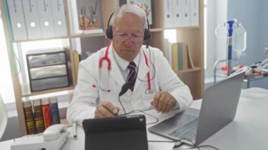 Klinik ofis ortamında dizüstü bilgisayar üzerinde çalışırken kulaklık ve steteskop takan gri saçlı yaşlı bir erkek doktor..
