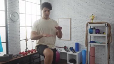 Genç bir İspanyol spor salonunda egzersiz yapıyor, tek bacağı havada denge gösterisi yapıyor. İyi aydınlatılmış, organize bir spor merkezinde çeşitli ekipmanların arasında..