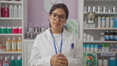 Üniformalı eczacı, genç İspanyol kadın parmak ve elle bir eczanede mutlu bir şekilde gülümsüyor.