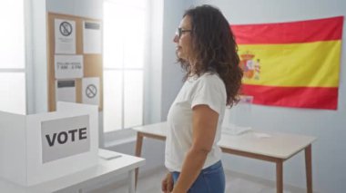 İspanyol kadın orta yaş oy pusulası, kendine güvenen, gülümseyen yan profil pozu İspanyol seçim kolejinde