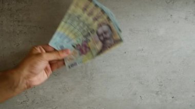 Beton bir arka planda birden fazla Romen lei banknotunu tutuyor.