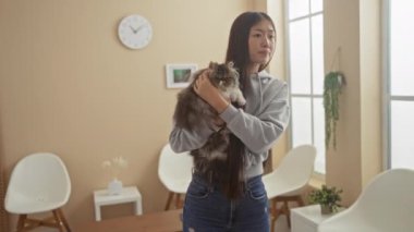 Uzun saçlı genç bir Asyalı kadın, veteriner kliniğinde beyaz sandalyeli ve iç mekan bitkileriyle tüylü bir kedi tutuyor..