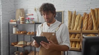 Fırındaki genç adam tablet kullanıyor. Etrafı taze ekmek ve pastalarla çevrili.