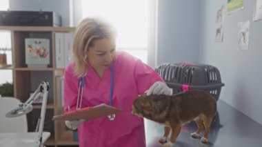 Pembe üniformalı genç sarışın bir veteriner veteriner, veteriner kliniğinde bir chihuahua köpeğini muayene ediyor..