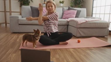 Evde yoga minderiyle egzersiz yapan bir kadın Chihuahua köpeğiyle oturma odasında..