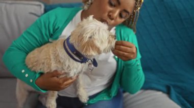 Saçları örgülü, yeşil hırka giyen Afro-Amerikan bir kadın, rahat bir oturma odasında, kanepede köpeğiyle oynuyor..