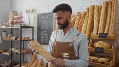Genç İspanyol bir adam arka planda ekmek rafları olan bir pastanede baget tutuyor.