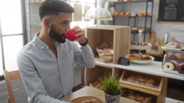 Bir fırın kafede kahvesini yudumlayan genç adam, sakallı ve yakışıklı, içeride hamur işleriyle çevrili, akıllı telefon kullanıyor.