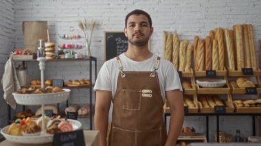 Önlük giyen genç adam, ekmek ve hamur işleriyle çevrili fırında güvenle duruyor.