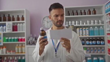 Laboratuvar önlüğü ve isim kartı takmış, sakallı yakışıklı bir İspanyol, eczane içinde ilaç şişesi tutarken bir parça kağıt okuyor..