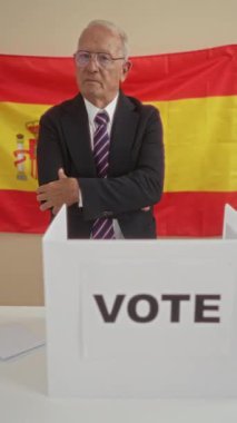 İspanya 'da bir seçim odasında, İspanya bayrağı ve oy verme kabiniyle karakterize edilmiş, takım elbiseli yaşlı, gri saçlı bir adam kollarını kavuşturmuş duruyor..