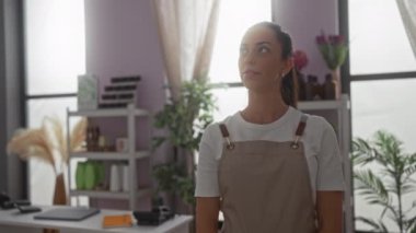 Bir kadın, arka planda düzenli eşyalar ve bitkilerle dolu bir mağazada durup gülümsüyor ve rahat, davetkar bir atmosfer yaratıyor.