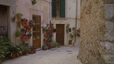 Mallorca 'da büyüleyici bir sokak. Kırsal duvarlarda ve ahşap kapılarda canlı saksılarla süslenmiş. İspanyol dış dekorunun özünü yansıtıyor.