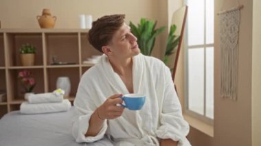 Genç adam spa odasında bir fincan kahvenin keyfini çıkarıyor, beyaz bir bornoz giyiyor, etrafı bitkilerle ve rahat dekorlarla dolu, dingin bir sağlıkla çevrili.
