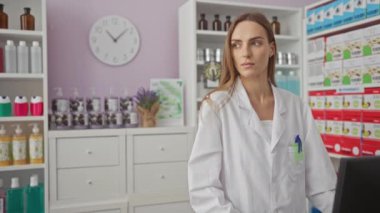Eczanedeki güzel sarışın beyaz kadın laboratuvar önlüğü giyiyor, arka planda raflar dolusu ürünleri olan, kapalı bir eczanede duruyor..