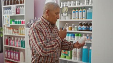 Olgun bir İspanyol adam eczane ortamında çeşitli sağlık ürünlerinin renkli raflarıyla çevrili bir ilaç şişesinin fotoğrafını çekiyor. Bu da dikkatli bir inceleme sürecini yansıtıyor..