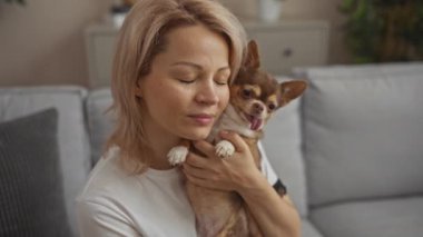 Genç sarışın bir kadın, rahat, gri bir kanepede rahat bir oturma odasında otururken chihuahua köpeğini yanında tutuyor..