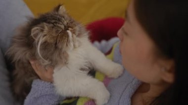 Genç Asyalı bir kadın kucağında tüylü bir kedi tutuyor, rahat bir yatak odasında oturuyor, evlerinde sıcak ve samimi bir an yaratıyor..