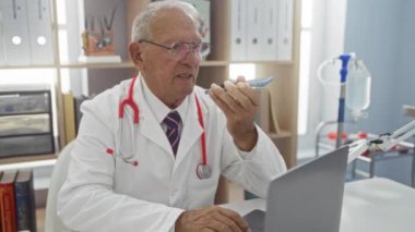 Bir klinikteki kıdemli erkek doktor masasında çalışırken bilgisayar, ilaç, steteskop, gözlük, kitaplık, ev, yaşlılar, kafkas, kapalı alan, ofis....