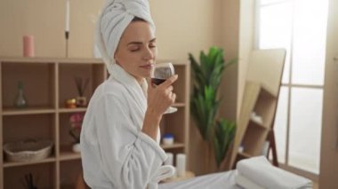 Sarışın güzel bir kadın, sıcacık bir kaplıca ortamında beyaz bornoz ve kafasında havluyla bir bardak şaraptan zevk alıyor. Etrafı zenginlik dekoru ve doğal bitki örtüsüyle çevrili..