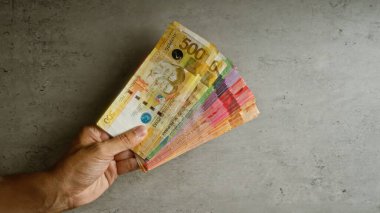 Beton bir arka planda renkli filippine pesolarından oluşan bir fanı tutarken 500 peso da dahil olmak üzere çeşitli banknotlar sergiliyor..