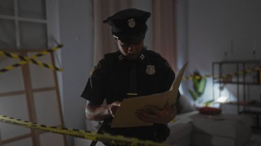 Odaklanmış bir Afro-Amerikan polisi, sarı bantla kordon altına alınmış bir suç mahallindeki belgeleri inceliyor..