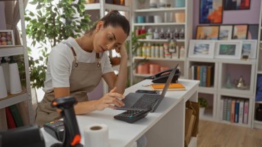 Ev dekorasyonu mağazasında dizüstü bilgisayar kullanan bir kadın, etrafı çeşitli dekorasyonlarla çevrili, iyi organize edilmiş, parlak bir iç mekan..