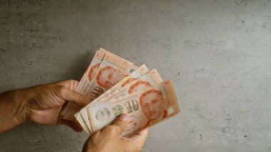 Somut bir arkaplan karşısında tek kişilik dolarları tutan eller yerel para birimini yakından gösteriyor..