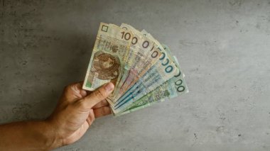 Beton bir zloti ile el ele tutuşan banknotlar ve çeşitli değerler görünür.