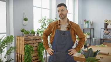 Yakışıklı, sakallı, hayat dolu bir çiçekçi dükkanında önlük takan yakışıklı bir İspanyol..