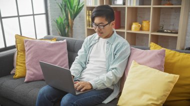 Genç Asyalı bir adam rahat bir ev ortamında renkli yastıklarla dizüstü bilgisayarla çalışıyor..