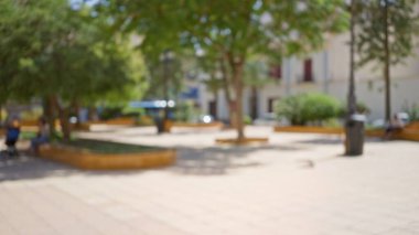 Bulanık arka planlı bulanık açık hava parkı sahnesi ağaçları, bankları, bokeh efektlerini ve parlak güneşli bir ortamda odak dışı yolları gösteriyor..