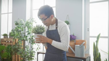 Önlüklü bir Asyalı çiçekçinin bahçesinde bitki kokusu alıyor..