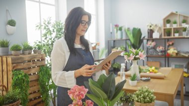 Gözlüklü olgun kadın çiçekçi çiçek ve çiçeklerle çevrili bir çiçekçinin içinde pano okuyor..