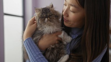Genç Asyalı bir kadın kedisini sevgi dolu bir şekilde evinin oturma odasında tutarak sıcak ve samimi bir sahne yaratıyor..