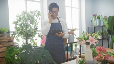 Önlüklü Asyalı genç bir adam, elinde tablet ve telefon ile parlak bir çiçekçide birden fazla iş yapıyor..