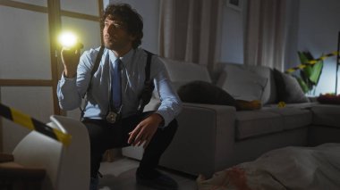 Handsome hispanic detective with a flashlight examines a crime scene indoor, showcasing investigation and law enforcement. clipart