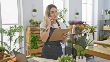 Çiçekçi dükkanında telefon ve pano kullanan odaklanmış genç bir kadın. Etrafı çeşitli bitkilerle çevrili..