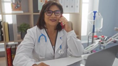 Orta yaşlı, kısa saçlı ve gözlüklü İspanyol bir kadın doktor. Parlak, düzenli bir hastane kliniğinde telefonla konuşuyor. Etrafında tıbbi aletler ve kitaplar var..