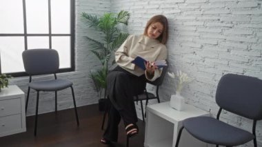 Genç, çekici, beyaz tenli bir kadın modern kapalı bir bekleme odasında oturmuş kitap okuyor. Beyaz tuğla duvarlar, bitkiler ve minimalist sandalyeler..