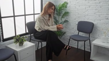 Çekici, sarışın, beyaz bir kadın, kapalı bir bekleme odasında oturuyor. Parlak bir iç mekan olan sandalyeler ve bitkilerle tasvir ediliyor..