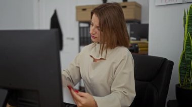 Ofiste çalışan genç bir beyaz kadın profesyonel bir iş ortamında masasında kağıtları analiz ediyor..