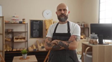 Sakallı ve kel kafalı dövmeli fırıncı kollarını kavuşturup ekmek rafları ve kurabiyelerle sıcak bir fırının içinde başparmağını kaldırıyor.