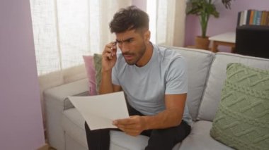 İspanyol adam evdeki kanepede doküman okuyor, telefonda konuşurken endişeli bir yüz ifadesi gösteriyor.