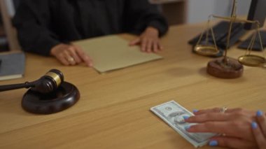 Hakim makamda tokmak ve adalet terazisi olan bir kadından yasal işlemleri gösteren 100 dolarlık banknotlar alıyor.