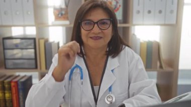 Olgun, İspanyol, gülümseyen ve iyi organize olmuş bir klinikte kitap ve klasörlerle onaylayan bir kadın doktor..