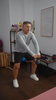 Spor salonunda orta yaşlı bir adam spor aletleri, kupalar ve spor notlarıyla çevrili kettlebell egzersizleri yapıyor..