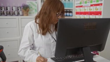 Bilgisayarda çalışan ve arka planda çeşitli ürünlerin sergilendiği modern bir eczanede notlar yazan yaşlı kadın eczacı..