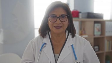 Orta yaşlı, gözlüklü ve laboratuvar önlüklü bir kadın doktor klinik odasında duruyor ve arkasında raflar ve tıp kitaplarıyla rahatça poz veriyor..